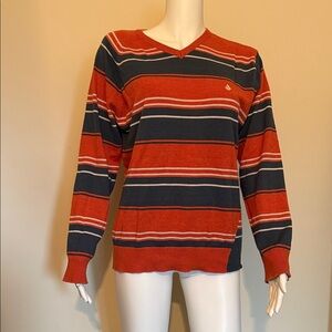 Volcom Men's V-Neck Sweater - Red and Blue Stripes